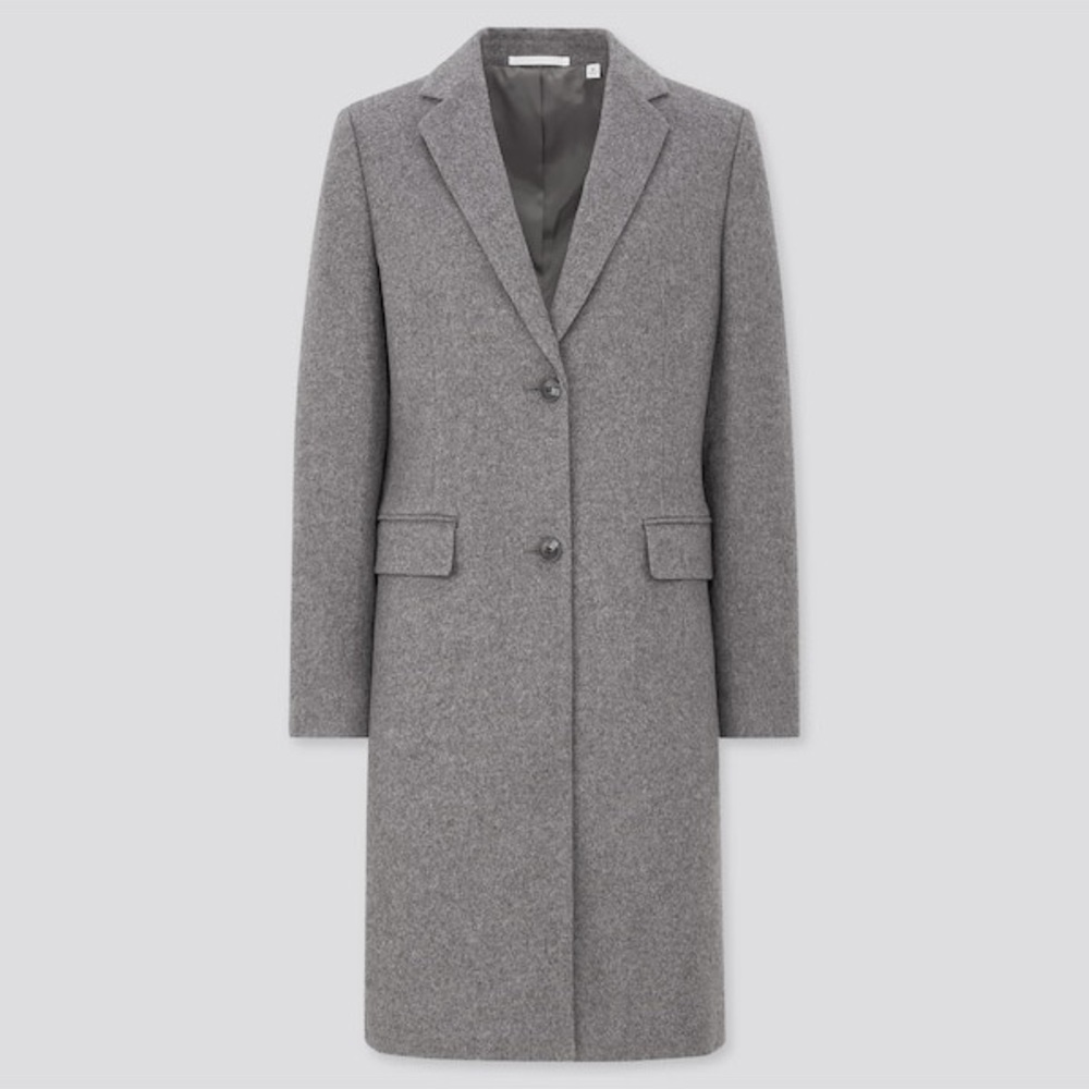 Wool cashmere lightweight overcoat, knee length, grey, uniqlo, xs